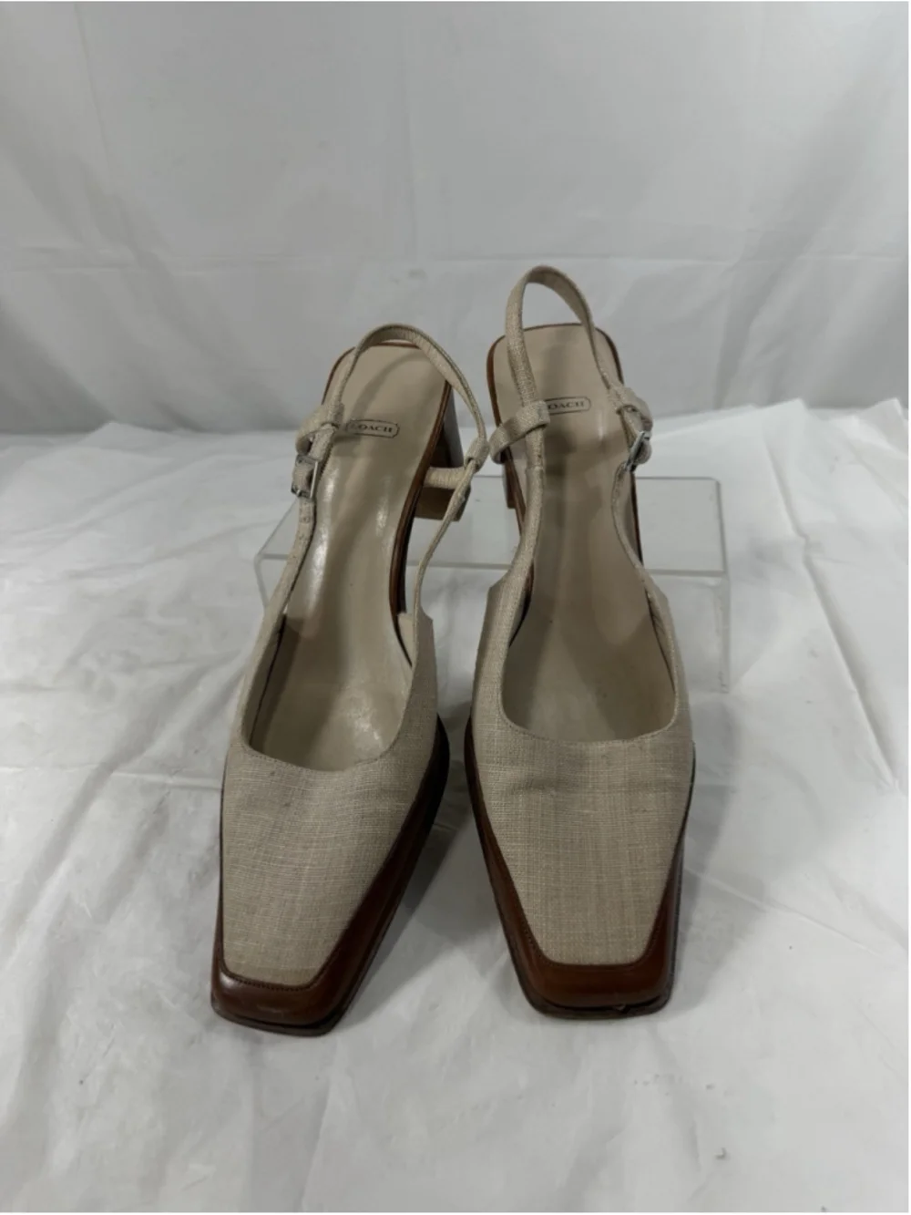 Coach Maddie neutral linen leather square toe slingback heels Sze 6.5 Italy Pump - Picture 15 of 15